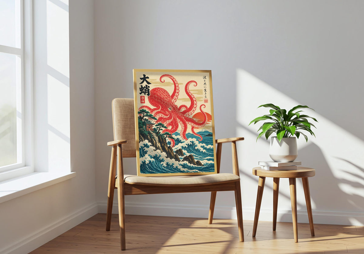 Ukiyo-e octopus over coastal waves hangs within the chair room, styled as ukiyo e poster.