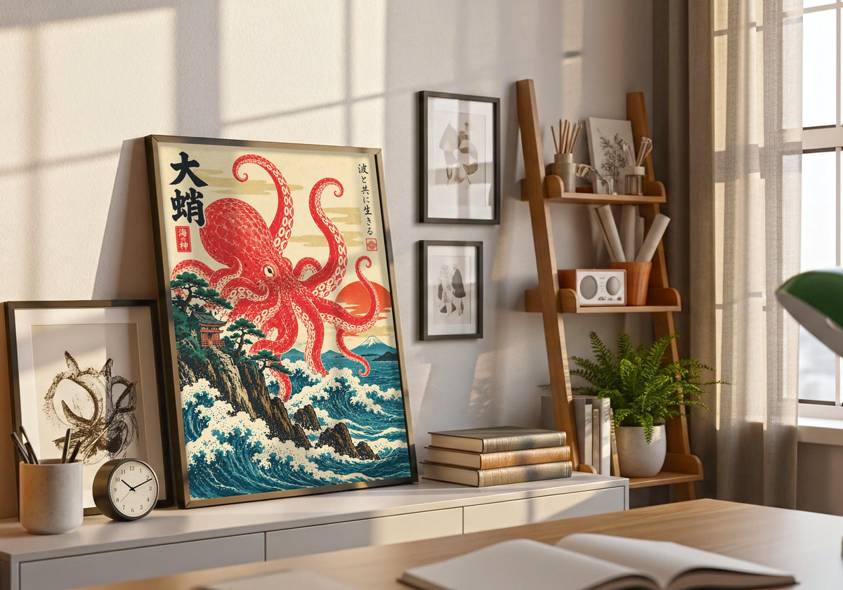 Greenery surrounds ukiyo-e octopus over coastal waves in this natural frame greenery presentation of seaside home decor.