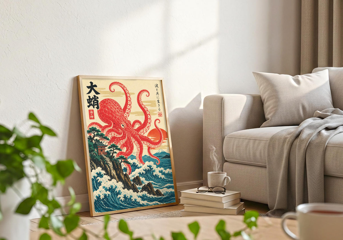 This white frame room composition uses ocean lover gift to highlight ukiyo-e octopus over coastal waves.