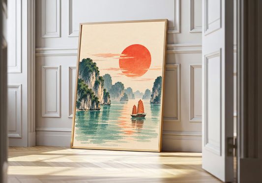 A light wood hero frame presents serene karst bay at sunset as coastal landscape pr in a clean interior.