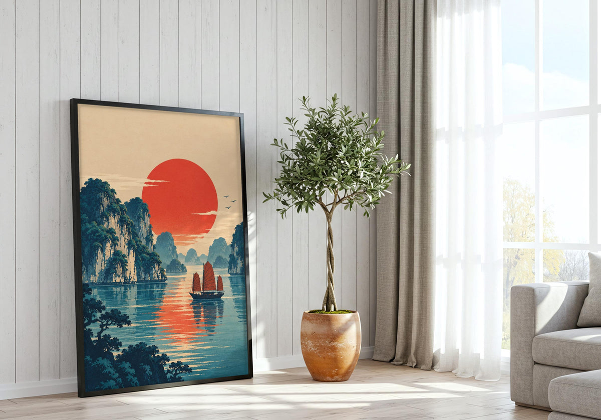 In the window wall, framed ukiyo e sunset shows ukiyo-e sunset over halong bay.