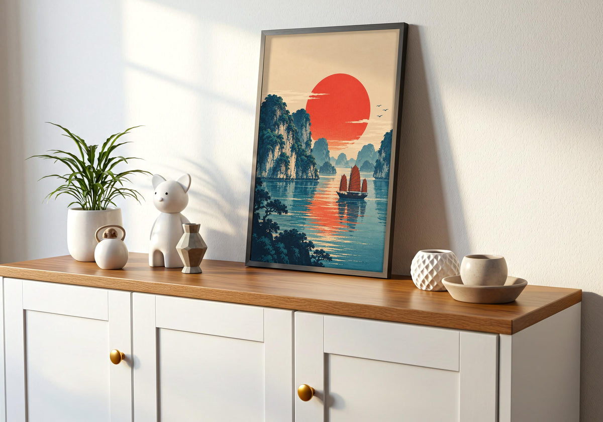The console wall setting pairs ukiyo-e sunset over halong bay with a restrained sunset halong bay display.
