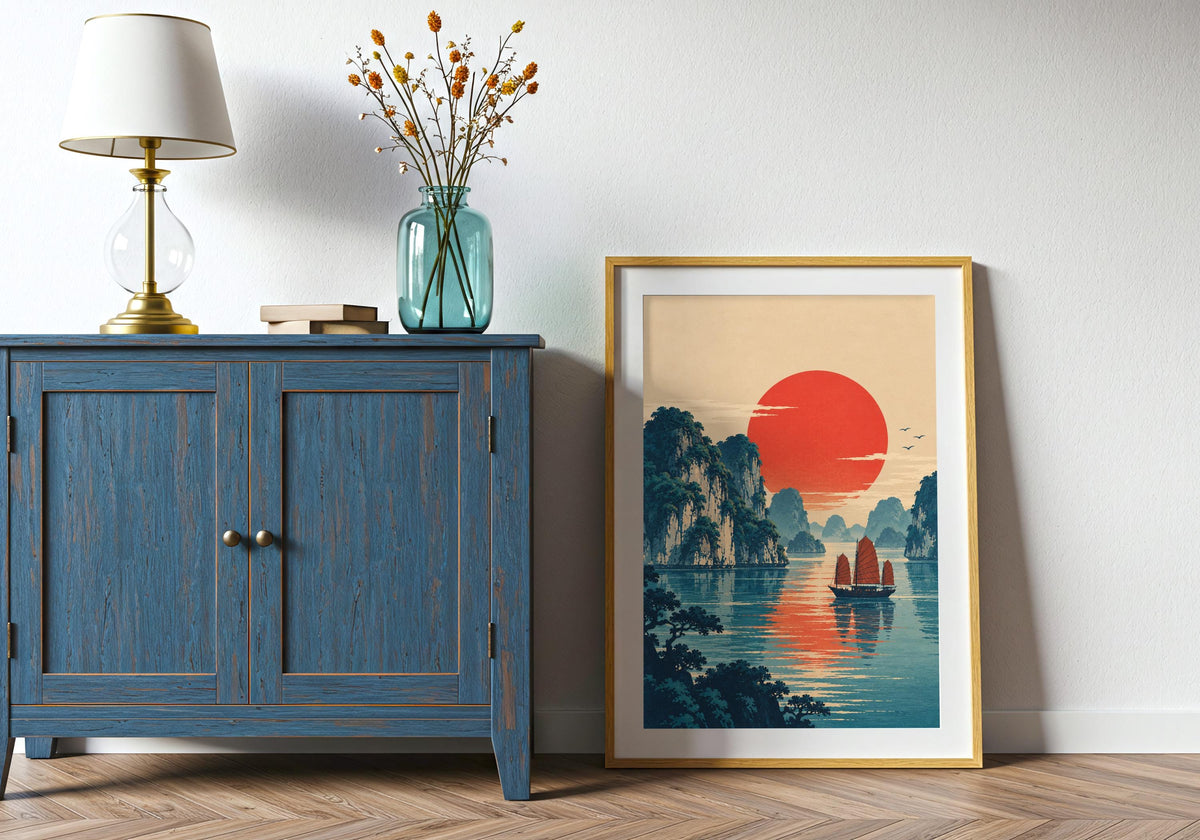 Ukiyo-e sunset over halong bay hangs within the home office, styled as ukiyo e poster.