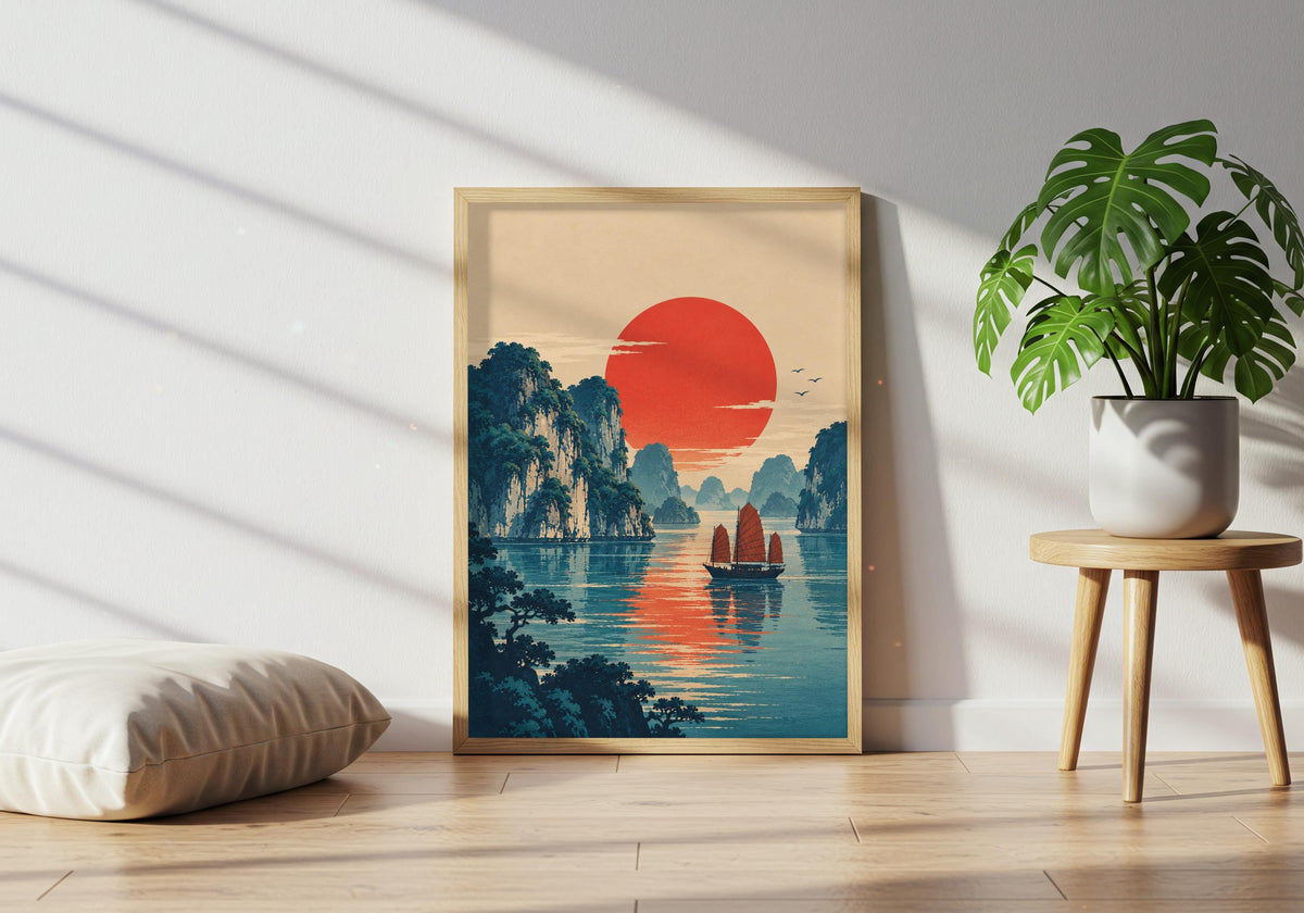 Greenery surrounds ukiyo-e sunset over halong bay in this green plant lounge presentation of japandi wall art.