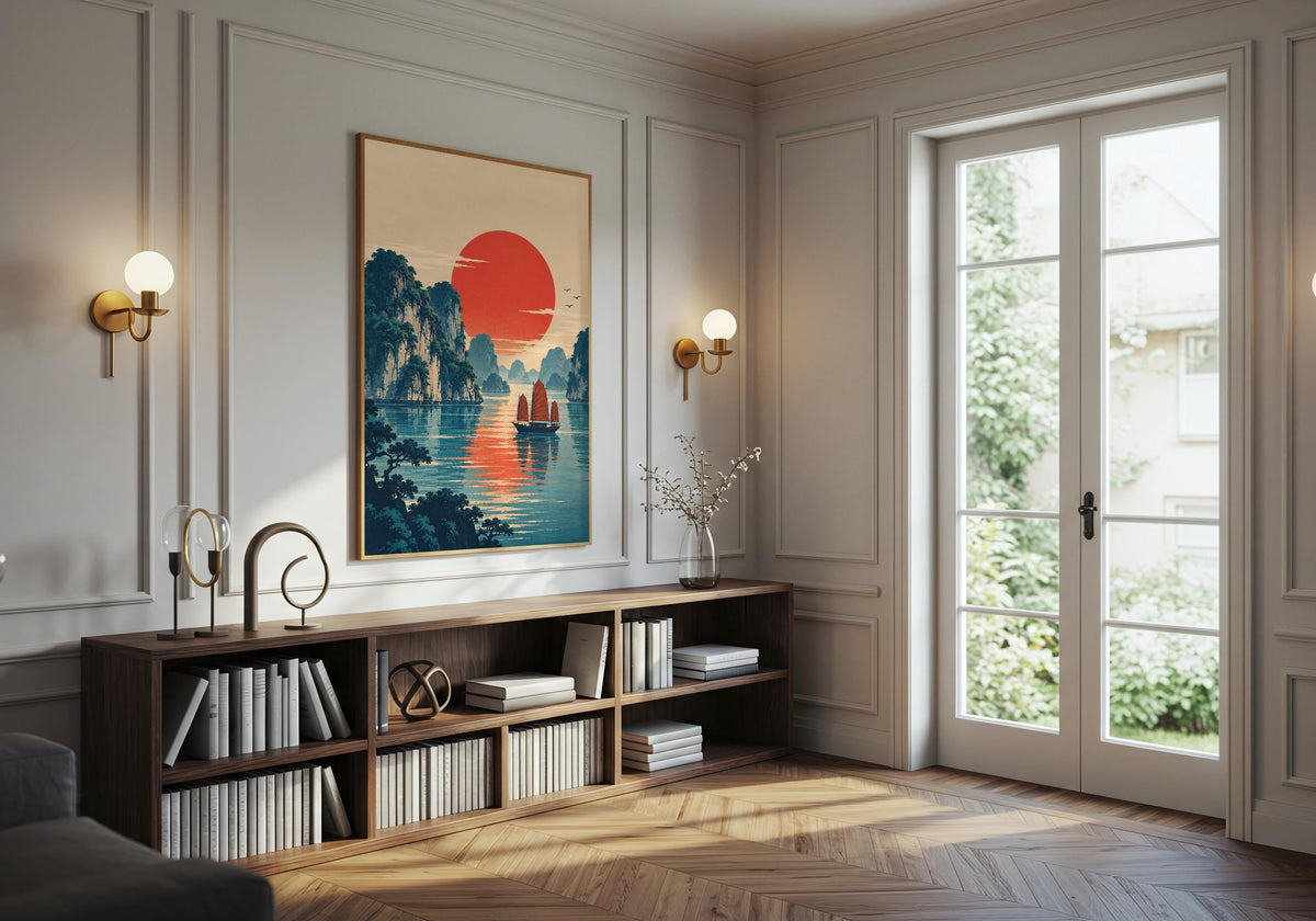 This leafy living room composition uses woodblock style to highlight ukiyo-e sunset over halong bay.