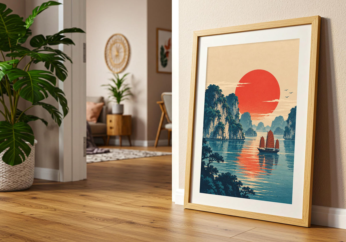 Against the console art, ukiyo-e sunset over halong bay reads clearly as painterly wall art.
