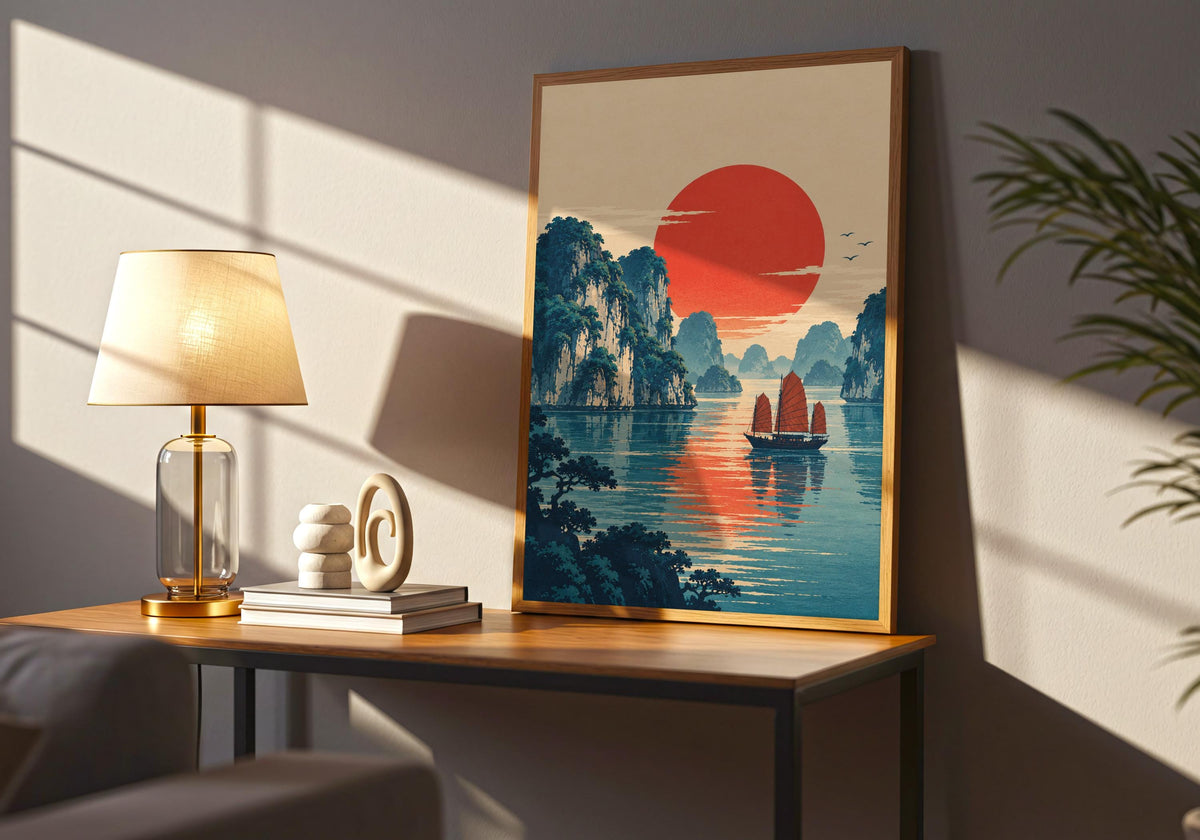 A final sideboard room view shows how ukiyo-e sunset over halong bay works as portrait art print.