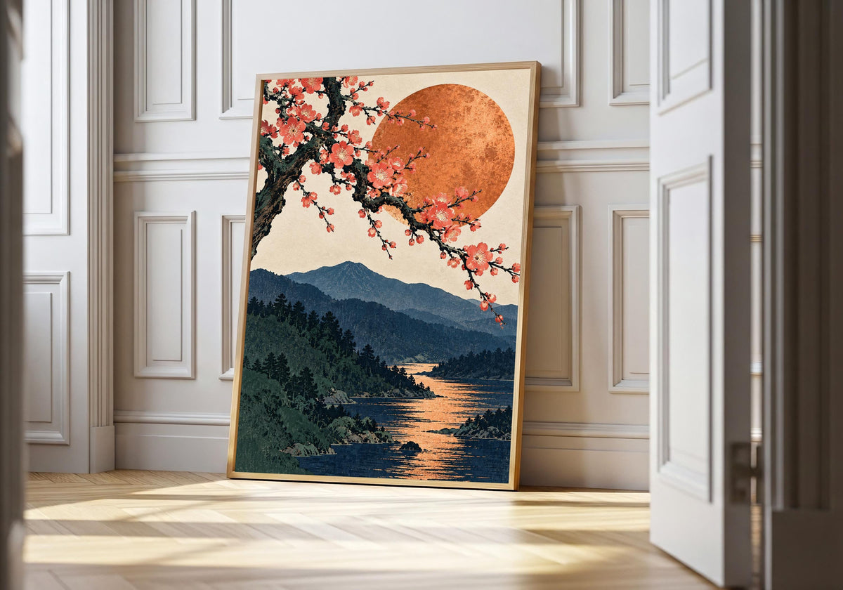 A light wood hero frame presents plum blossom and copper moon as japanese blossom pri in a clean interior.