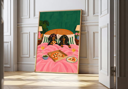 A light wood hero frame presents cool dachshunds pizza breakfast in bed as dachshund wall art in a clean interior.