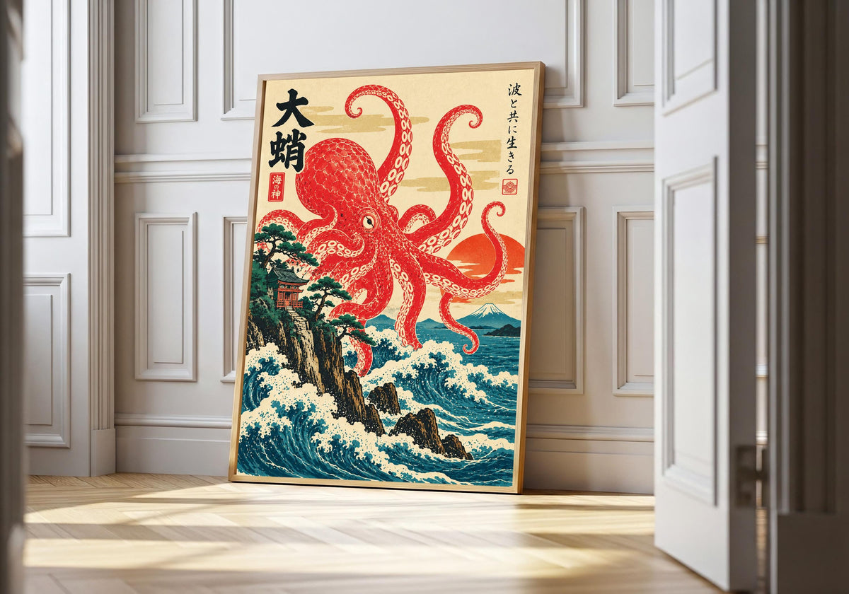 A light wood hero frame presents ukiyo-e octopus over coastal waves as octopus art print in a clean interior.