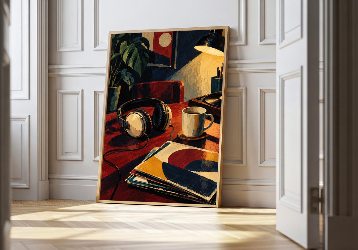 A light wood hero frame presents headphones beside the cold coffee as headphones art print in a clean interior.