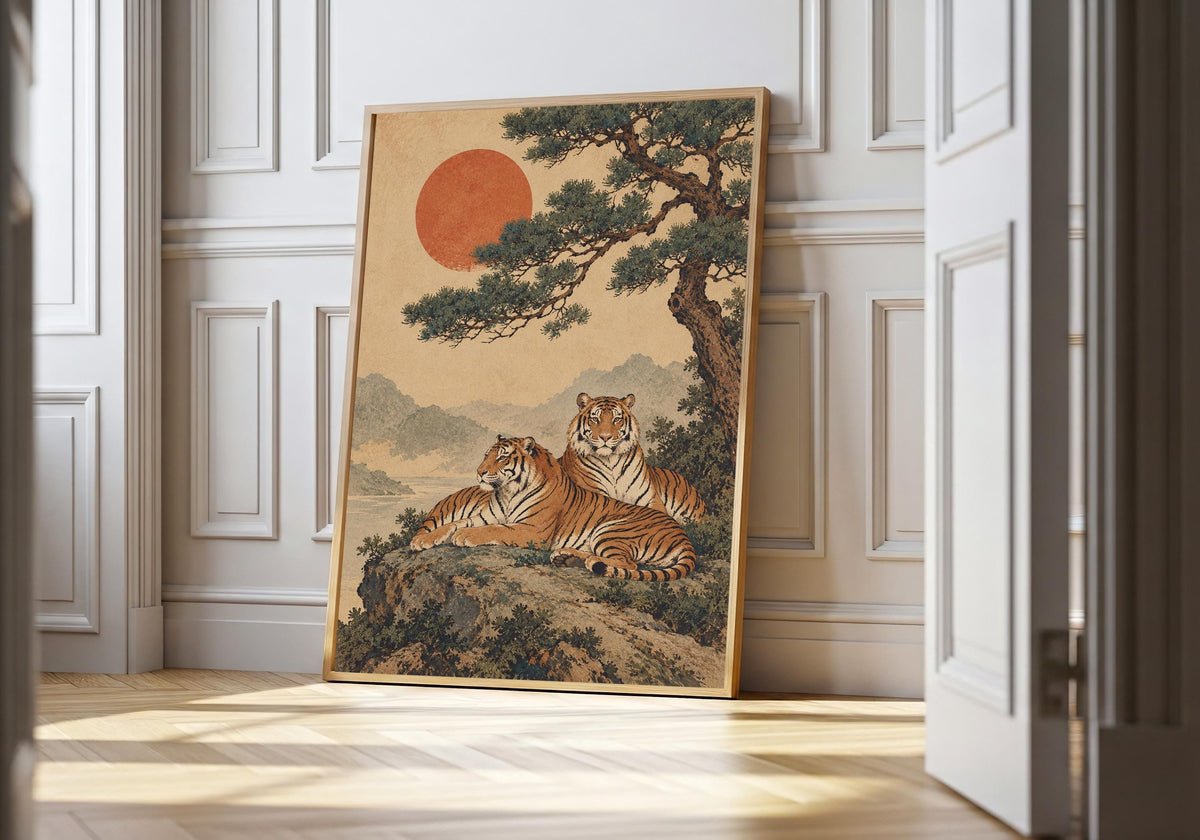 A light wood hero frame presents tigers beneath the windswept pine as tiger art print in a clean interior.
