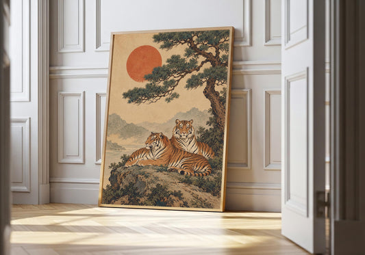 A light wood hero frame presents tigers beneath the windswept pine as tiger art print in a clean interior.