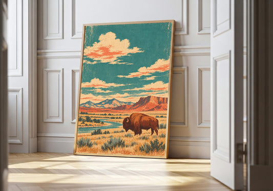 A light wood hero frame presents vintage bison prairie travel poster as bison art print in a clean interior.