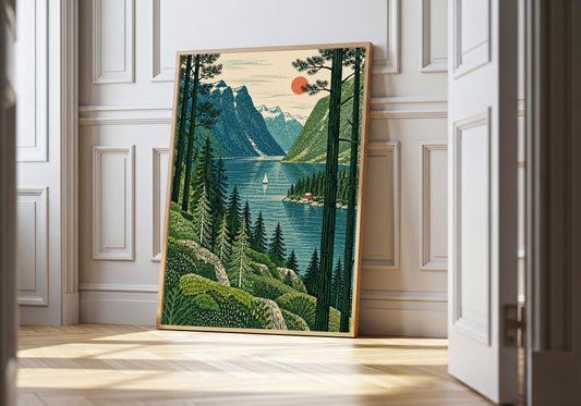 A light wood hero frame presents nordic fjord woodcut landscape as coastal landscape pr in a clean interior.