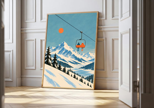 A light wood hero frame presents vintage chairlift over snowy alpine valley as ski art print in a clean interior.