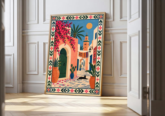 A light wood hero frame presents moroccan medina courtyard with cat as cat wall art in a clean interior.