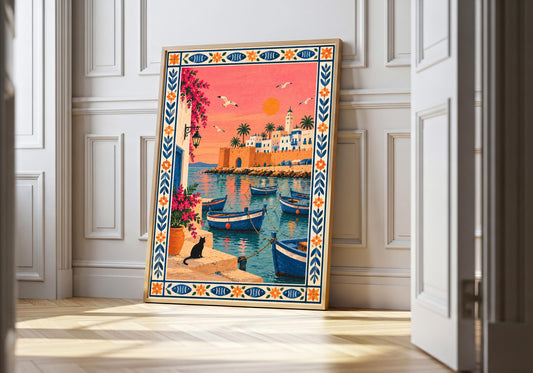 A light wood hero frame presents mediterranean harbour at sunset as coastal landscape pr in a clean interior.