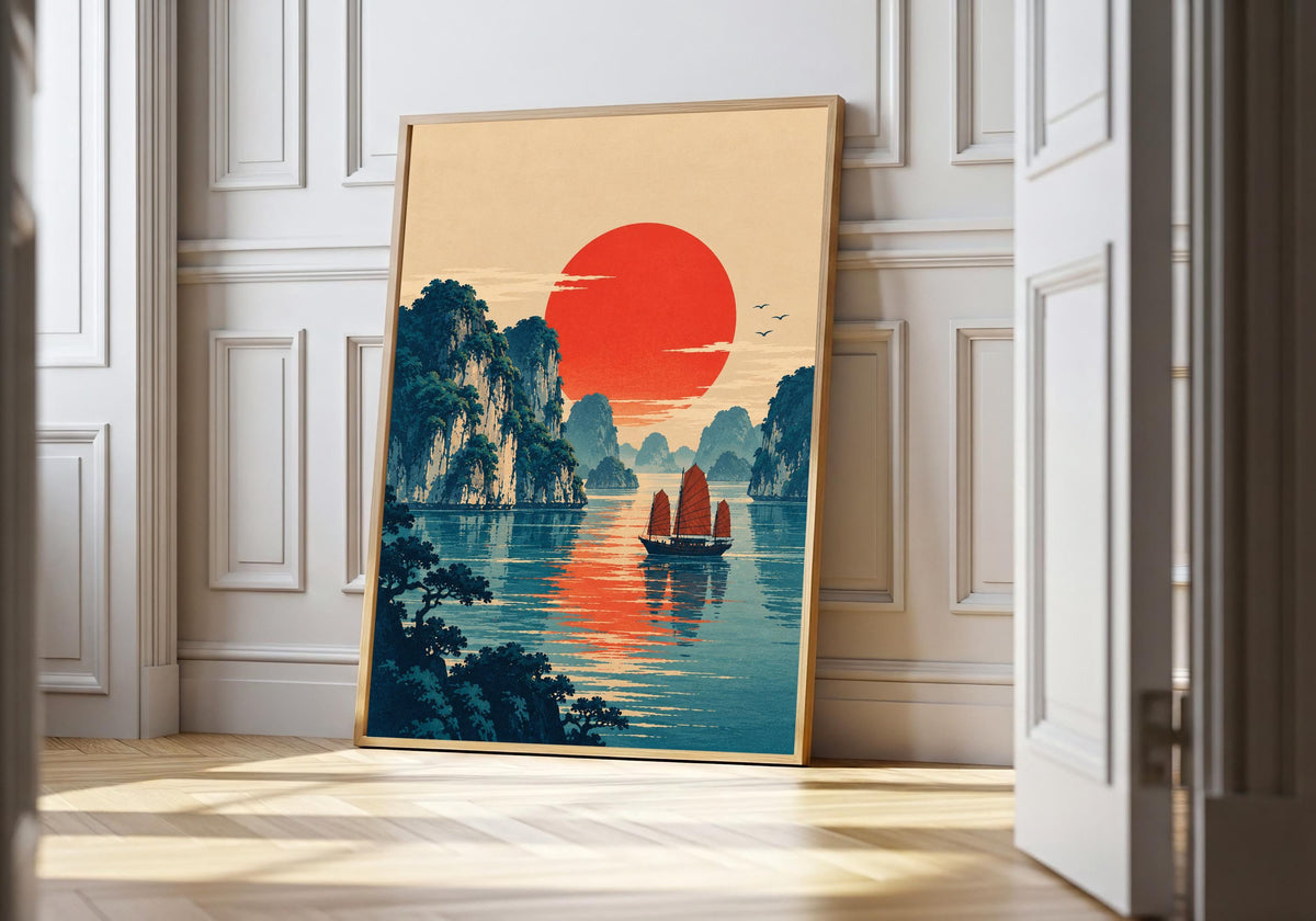 A light wood hero frame presents ukiyo-e sunset over halong bay as coastal landscape pr in a clean interior.