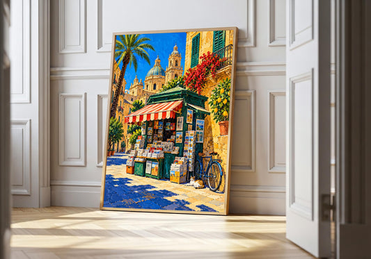 A light wood hero frame presents palermo newspaper stand at noon as palermo travel print in a clean interior.