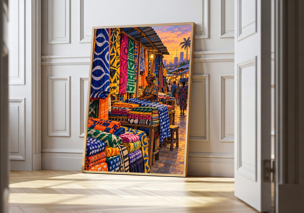 A light wood hero frame presents lagos fabric stall at closing time as lagos market art in a clean interior.