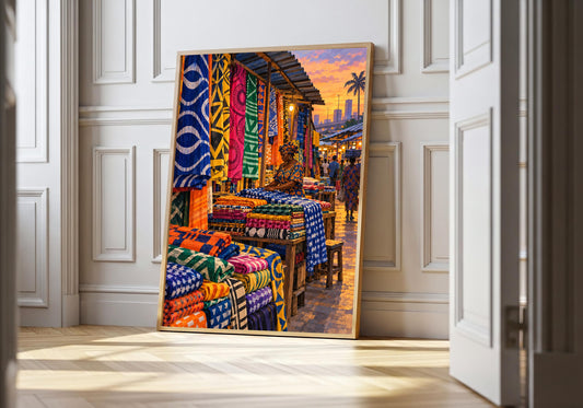 A light wood hero frame presents lagos fabric stall at closing time as lagos market art in a clean interior.