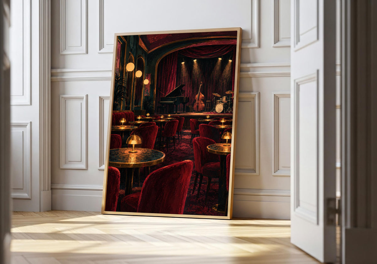 A light wood hero frame presents jazz club tables before opening as jazz club art print in a clean interior.