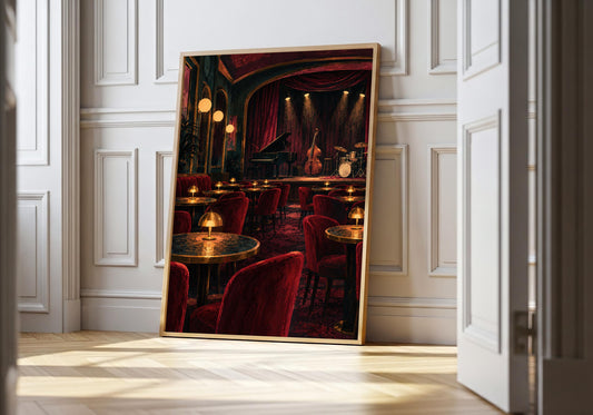 A light wood hero frame presents jazz club tables before opening as jazz club art print in a clean interior.