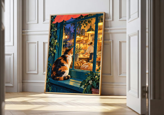 A light wood hero frame presents calico watches the baker work as illustrated art prin in a clean interior.