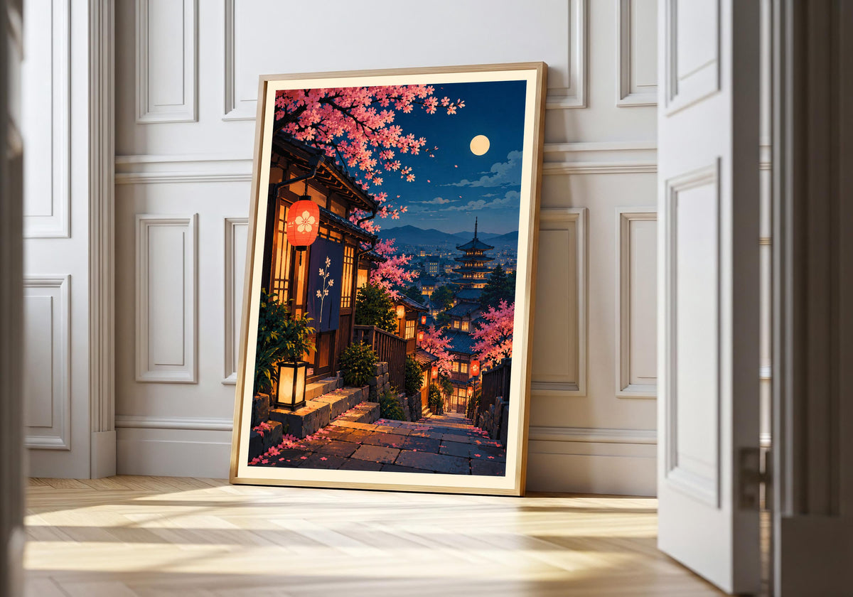A light wood hero frame presents moonlit sakura lantern street as japanese style art in a clean interior.