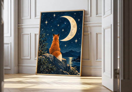 A light wood hero frame presents fox beneath the crescent moon as fox art print in a clean interior.