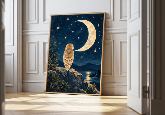 A light wood hero frame presents owl beneath the golden crescent as owl art print in a clean interior.