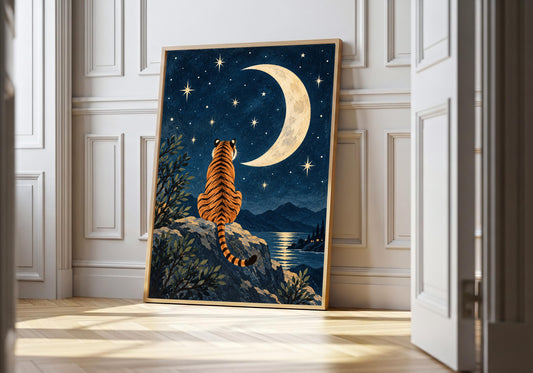 A light wood hero frame presents tiger beneath a crescent moon as tiger art print in a clean interior.