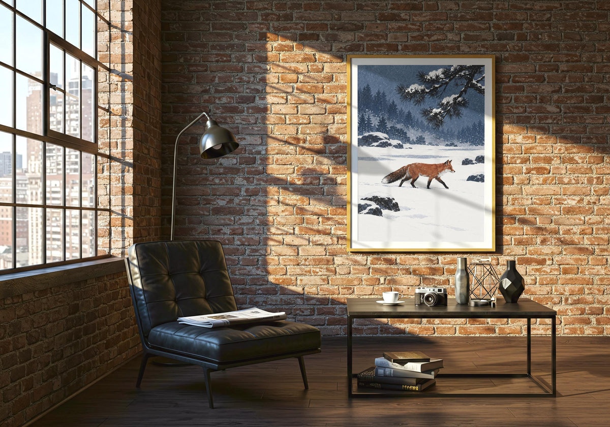 A rust-coloured fox crossing a quiet snow garden beneath a dark pine branch sits naturally within this green lounge and keeps the frame edge clean.