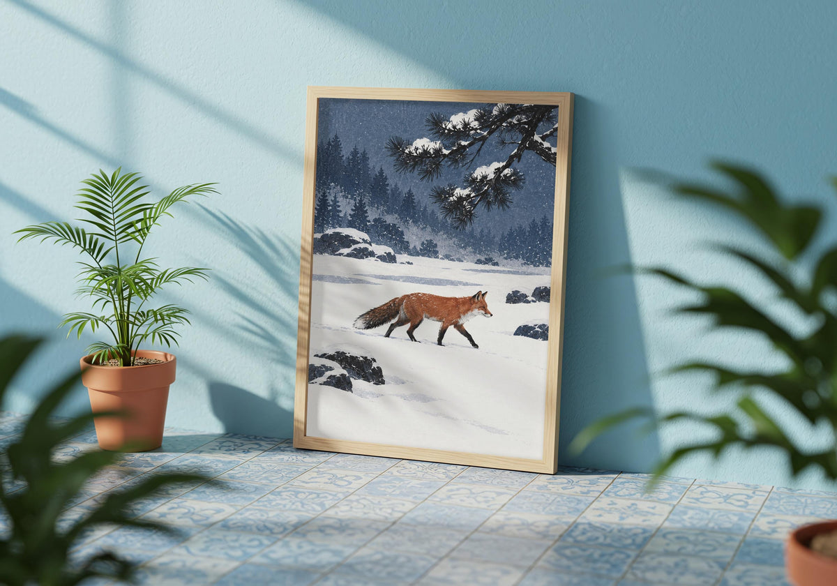 The armchair room styling gives a rust-coloured fox crossing a quiet snow garden beneath a dark pine branch room to breathe with the portrait image fully visible.