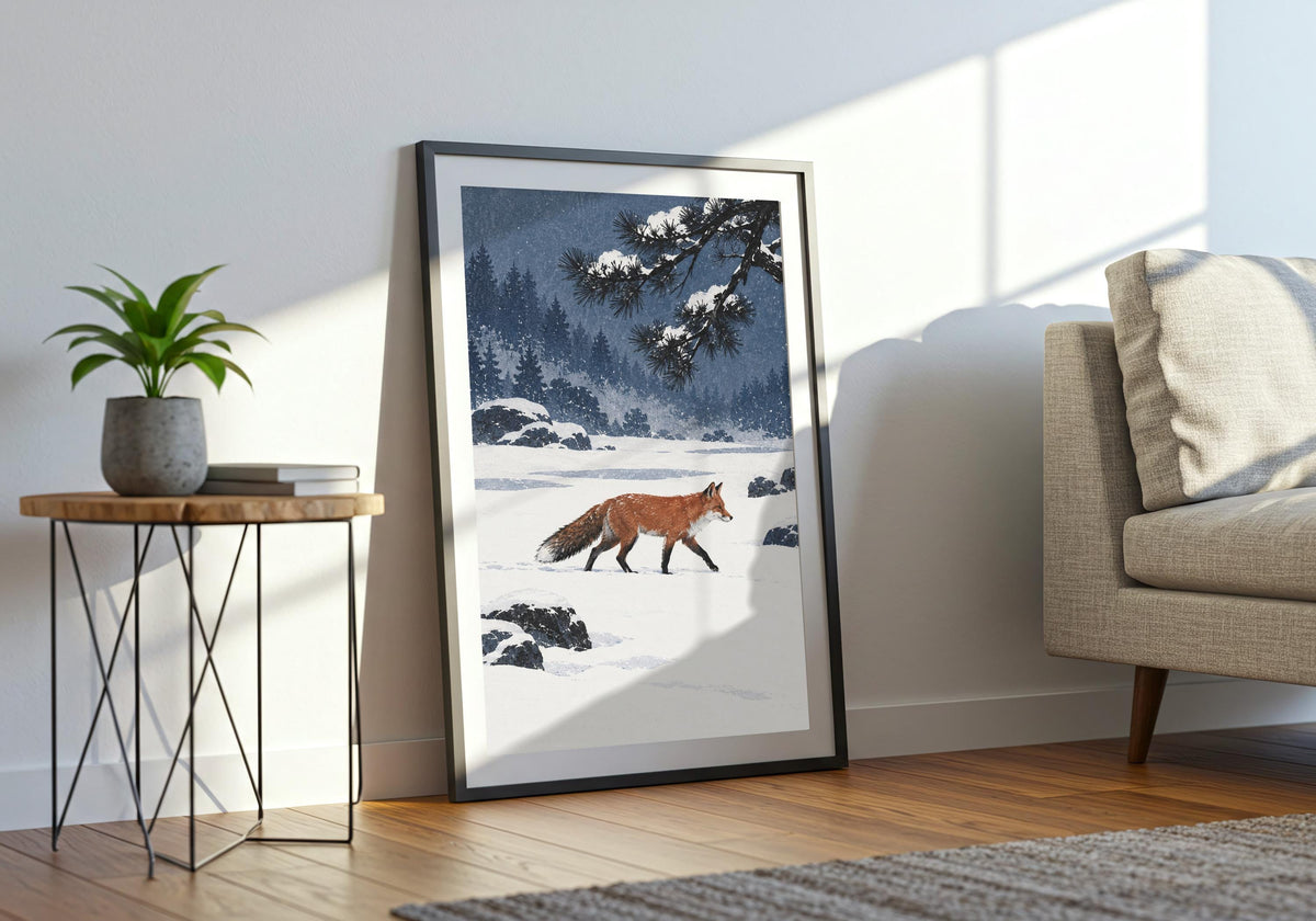 Framed in the living room wide, a rust-coloured fox crossing a quiet snow garden beneath a dark pine branch creates the focus for an accurate view of the framed print.