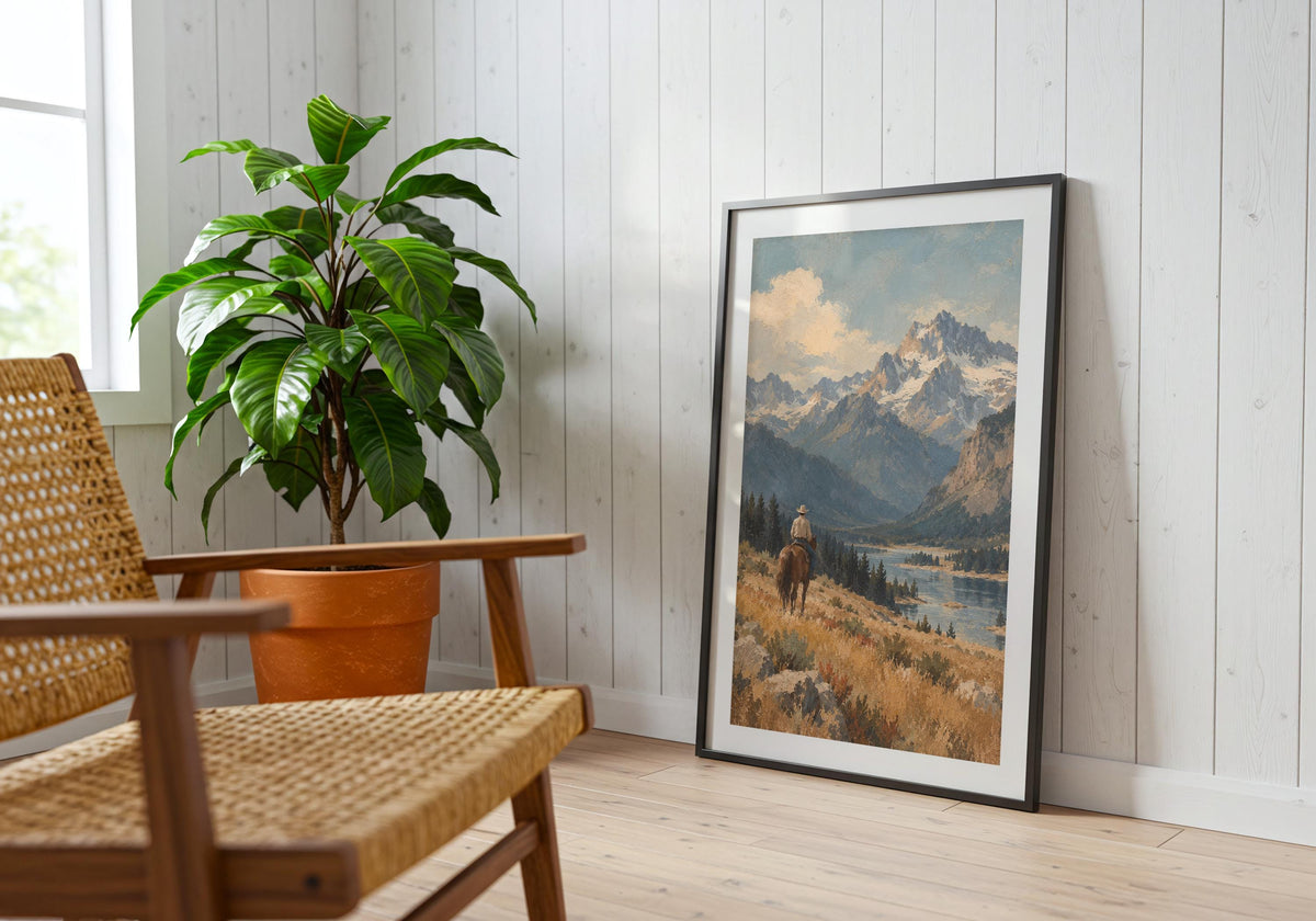 Framed in the reading corner, a solitary cowboy overlooking a broad mountain valley in a vintage western composition creates the focus for an accurate view of the framed print.