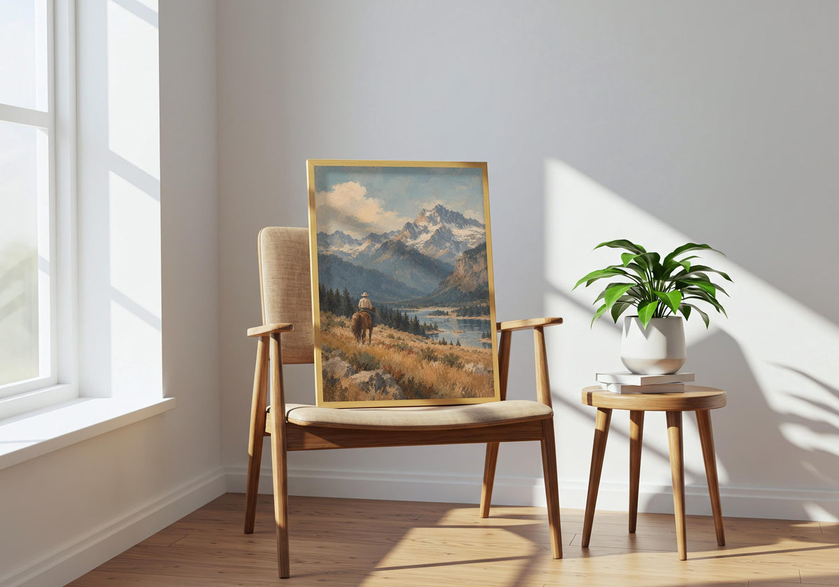 The cowboy wall poster is photographed from the chair room view from a natural interior angle.