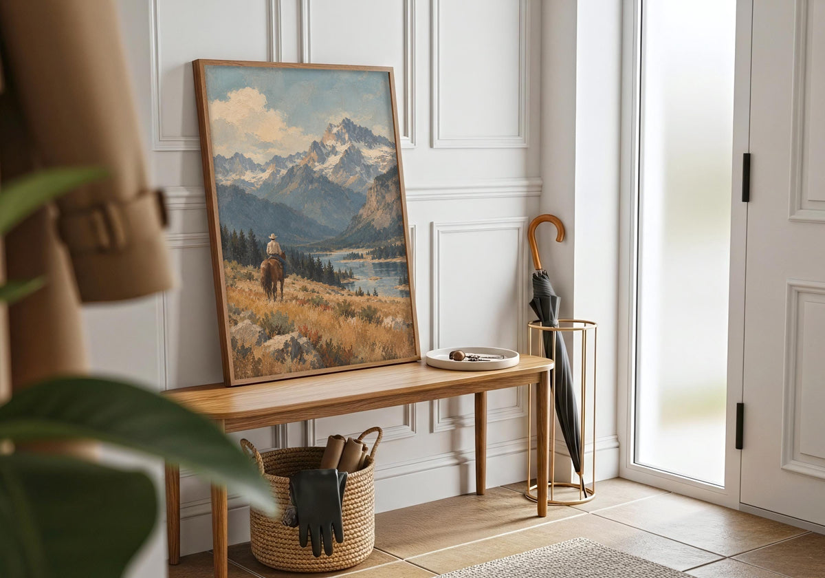 A wider white frame room wide view presents rustic wall art with the frame colour supporting the artwork.