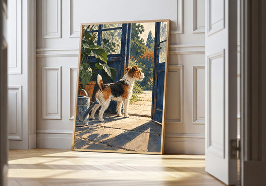 The hero light wood styling gives an alert terrier at an open greenhouse door beside a watering can and broad leaves room to breathe and leaves its main details unobscured.