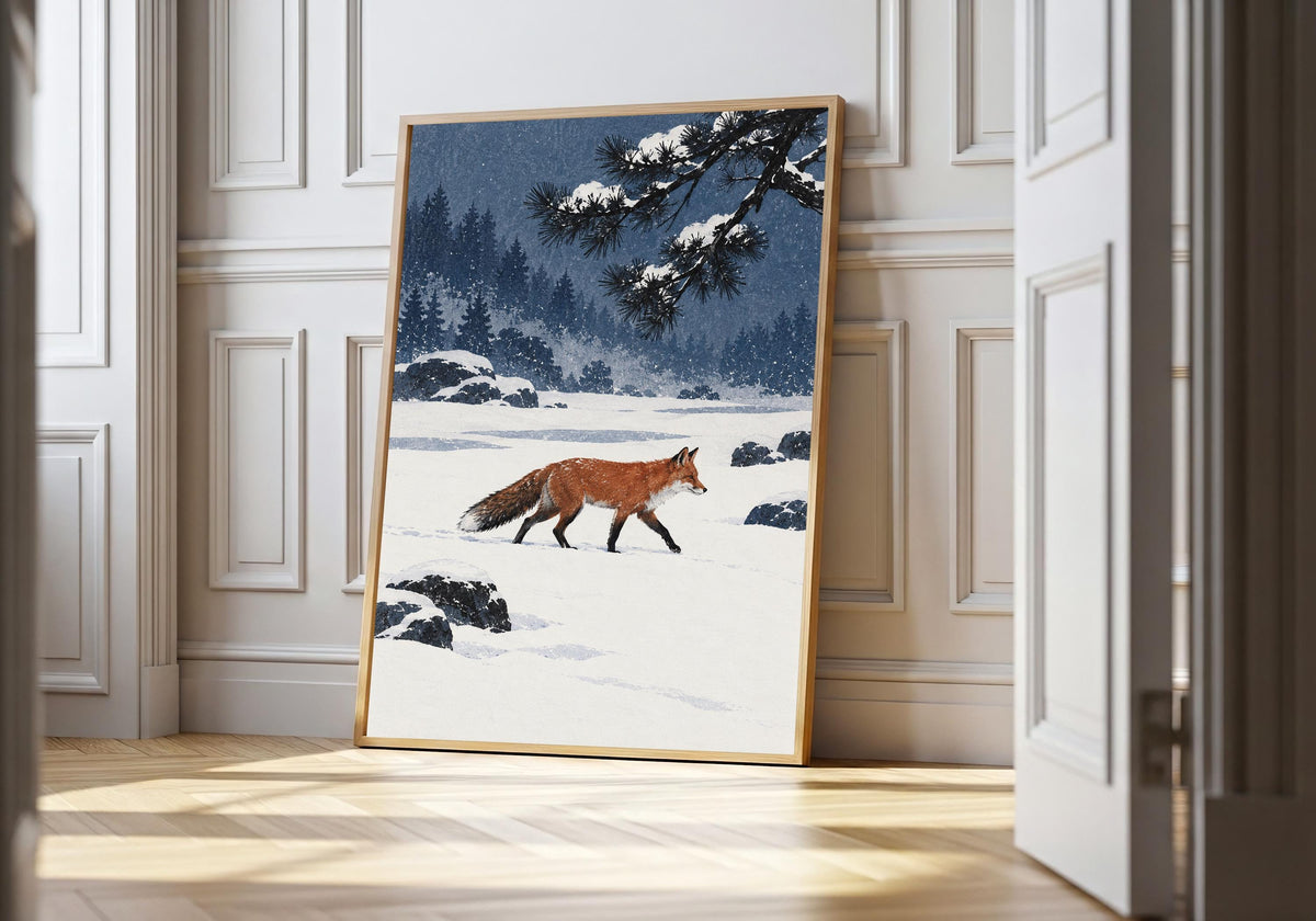Here, a rust-coloured fox crossing a quiet snow garden beneath a dark pine branch appears in a hero light wood setting while preserving the artwork’s original colour.