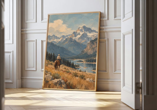 A hero light wood mock-up shows a solitary cowboy overlooking a broad mountain valley in a vintage western composition with the vertical composition clear.